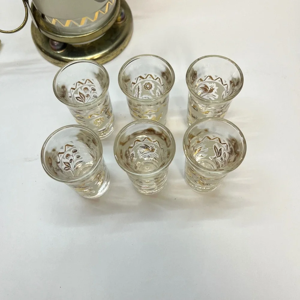 Vintage Decanter Set glenshaw‎ Gold Leaf Glass 6 Shot Glasses Brass Caddy mcm